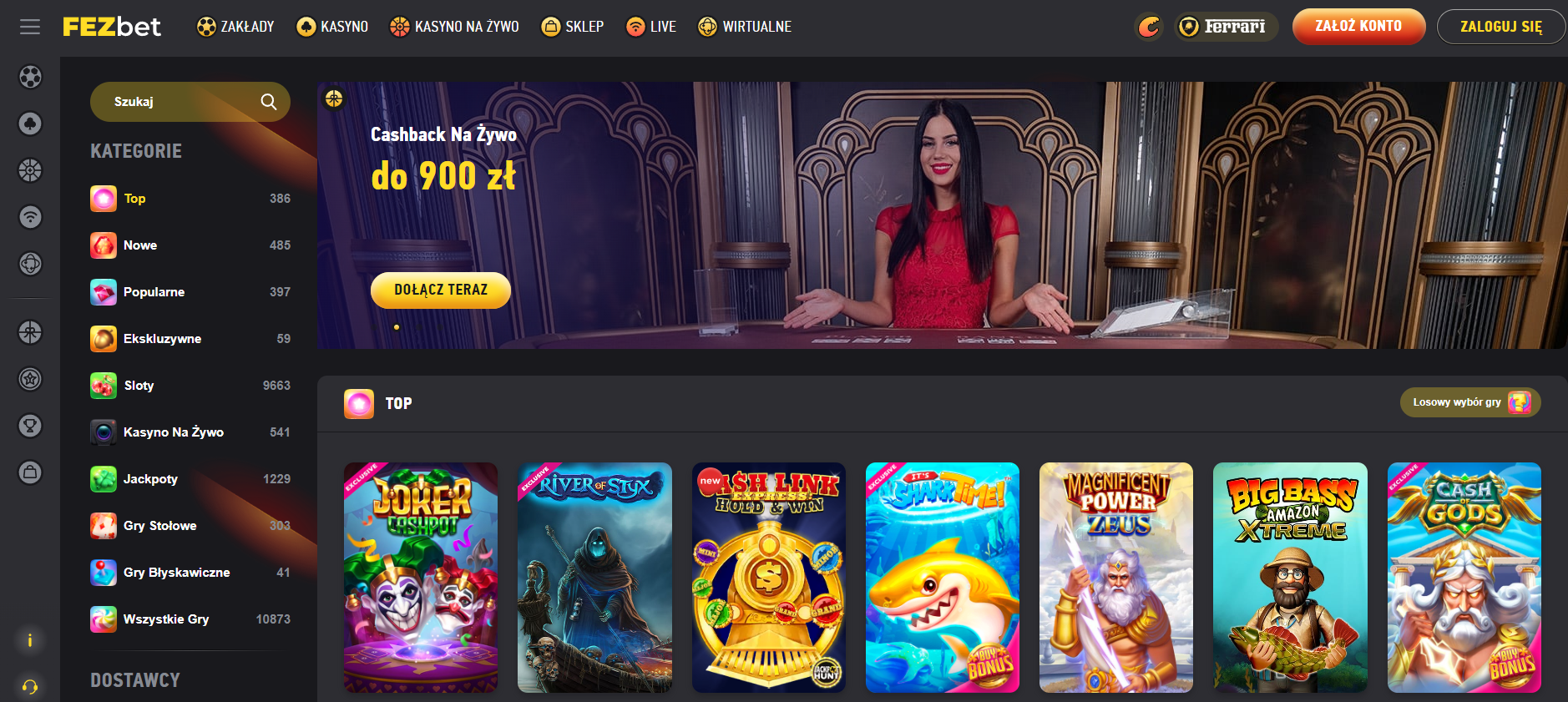 Interfejs kasyna Fezbet z grami i bonusami